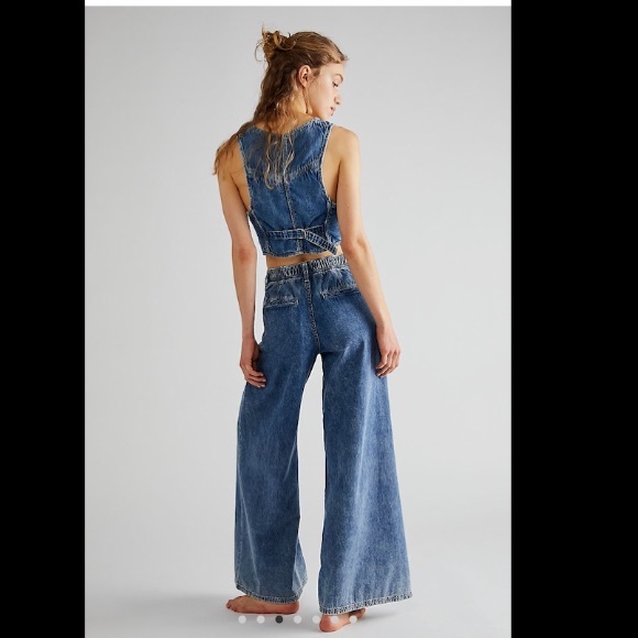 Free People Rider Suit Denim Blue Jeans Size M Wide Leg Pants Only - Picture 4 of 17